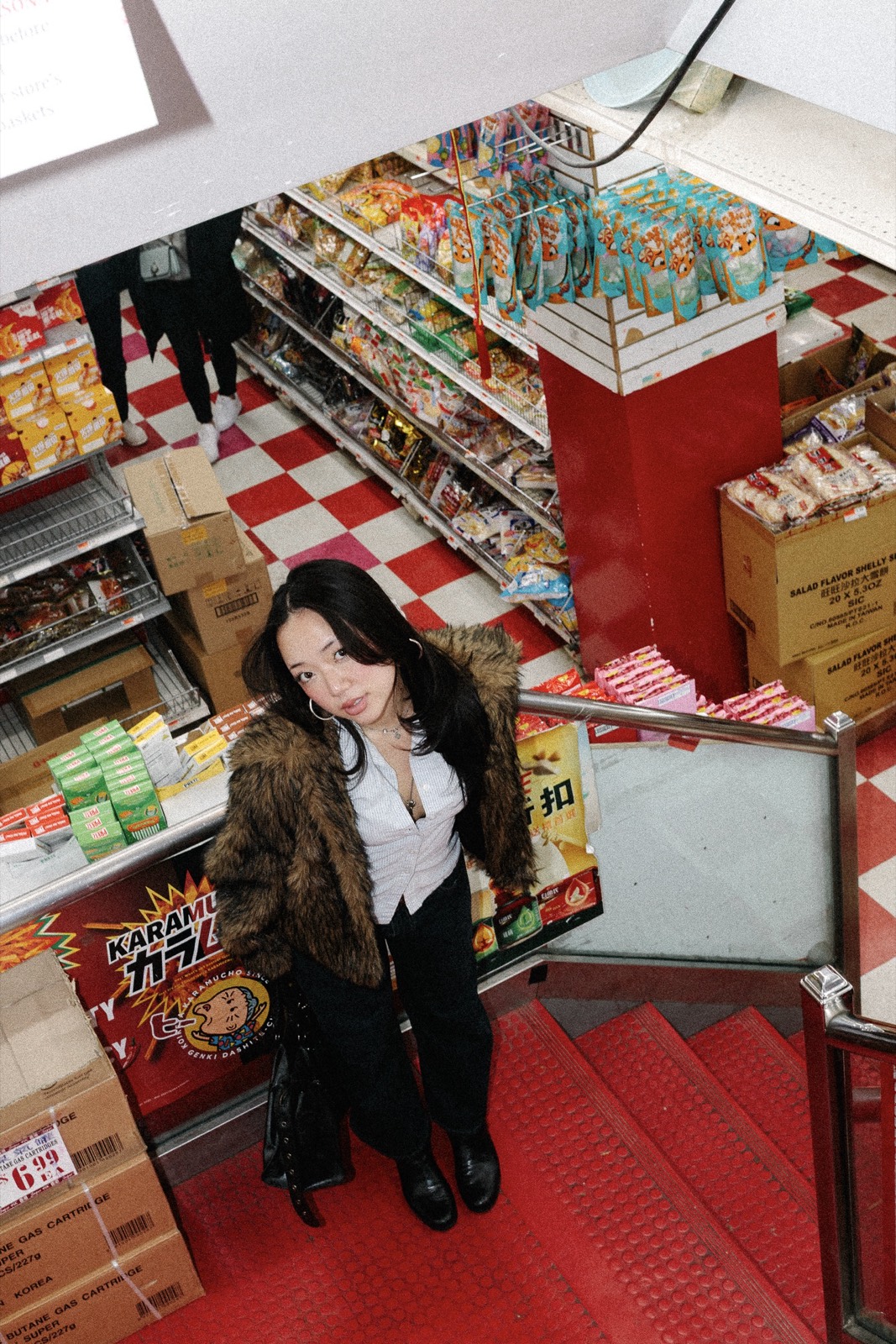 Crouched by the bodega register