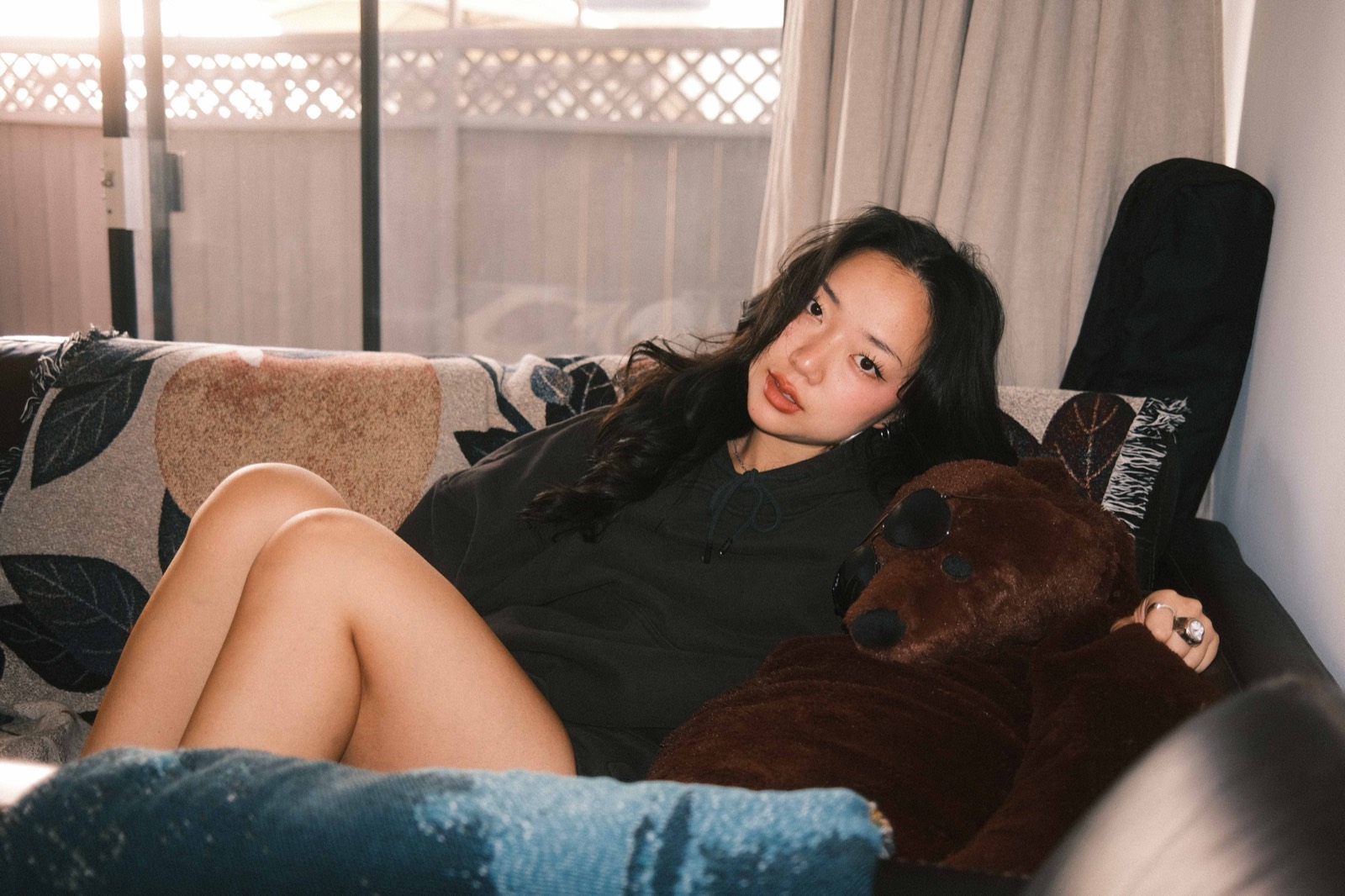 Lounging on a patterned couch